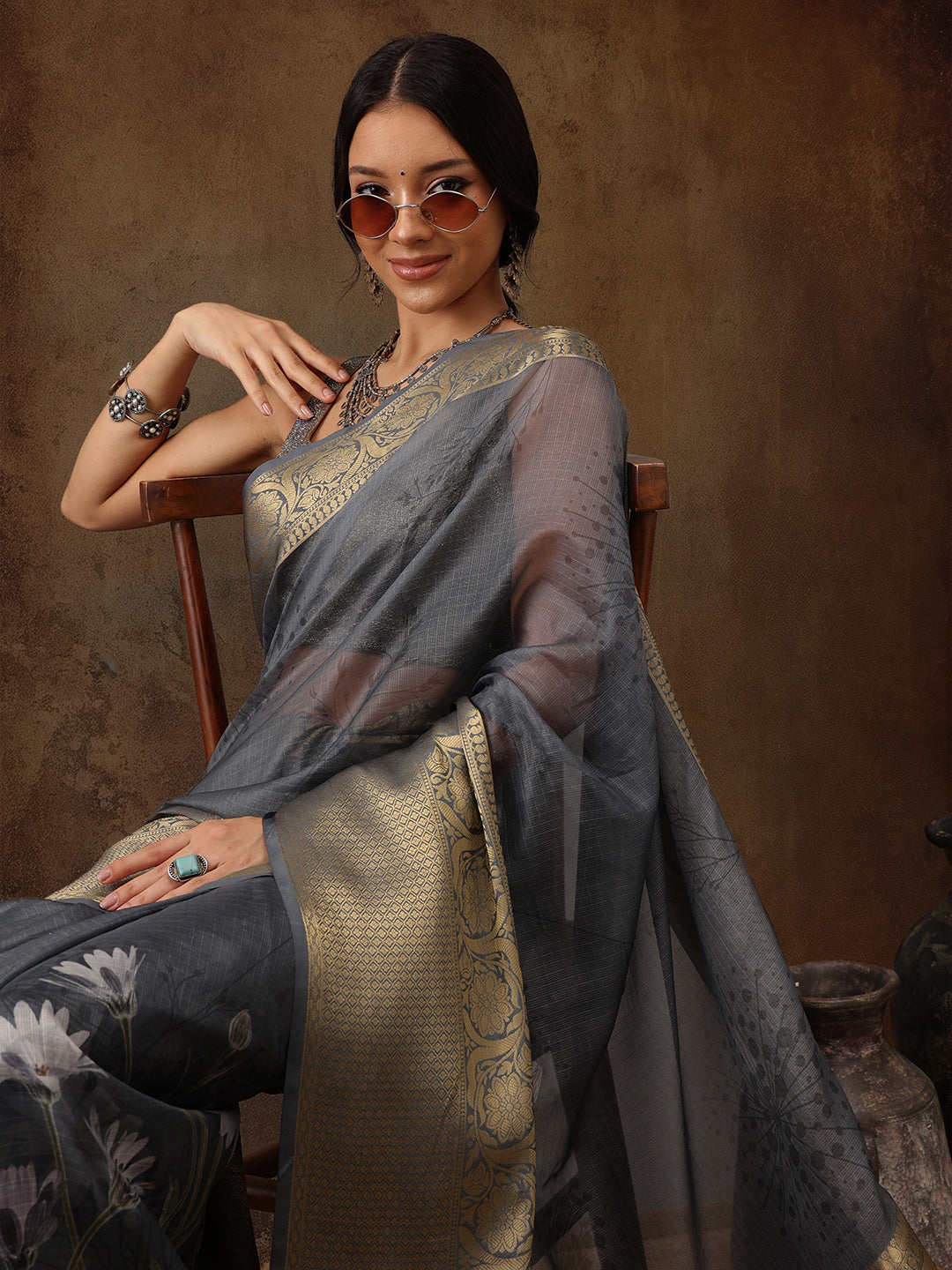 Muga Silk Floral Printed Zari Woven Saree