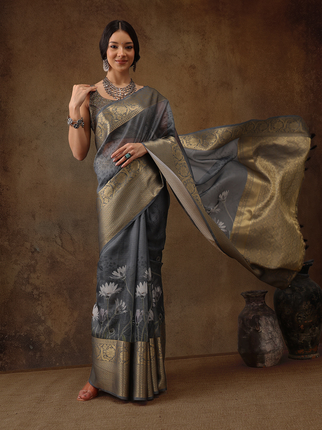 Muga Silk Floral Printed Zari Woven Saree