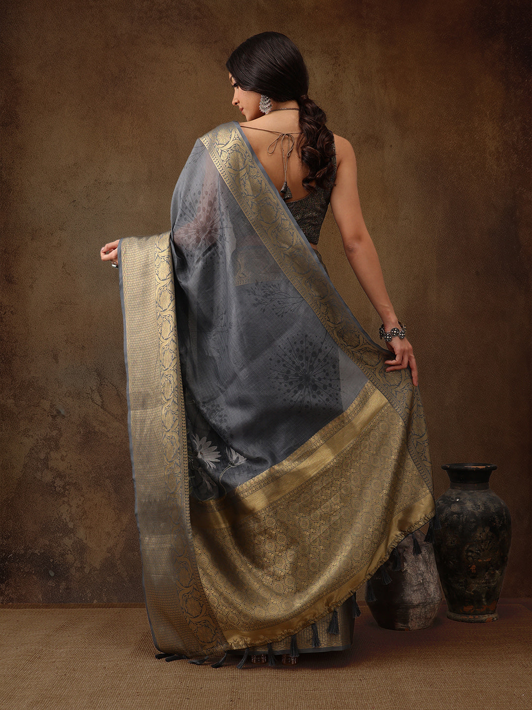 Muga Silk Floral Printed Zari Woven Saree