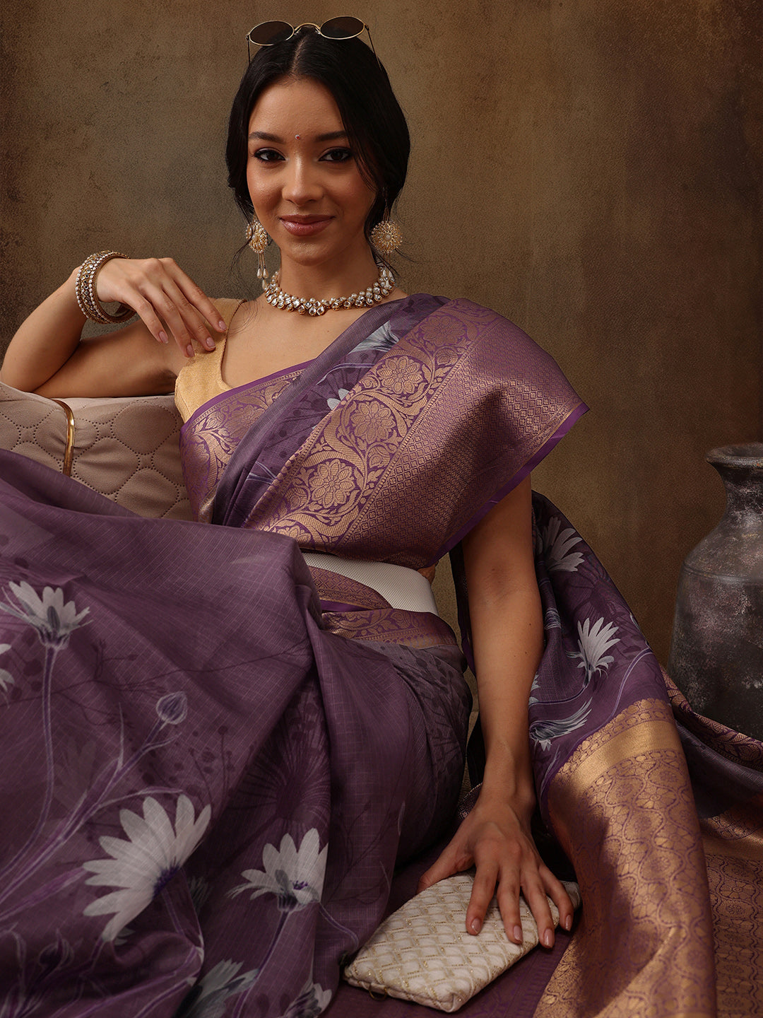 Muga Silk Floral Printed Zari Woven Saree