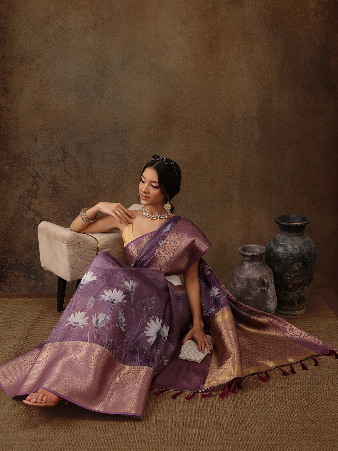 Muga Silk Floral Printed Zari Woven Saree