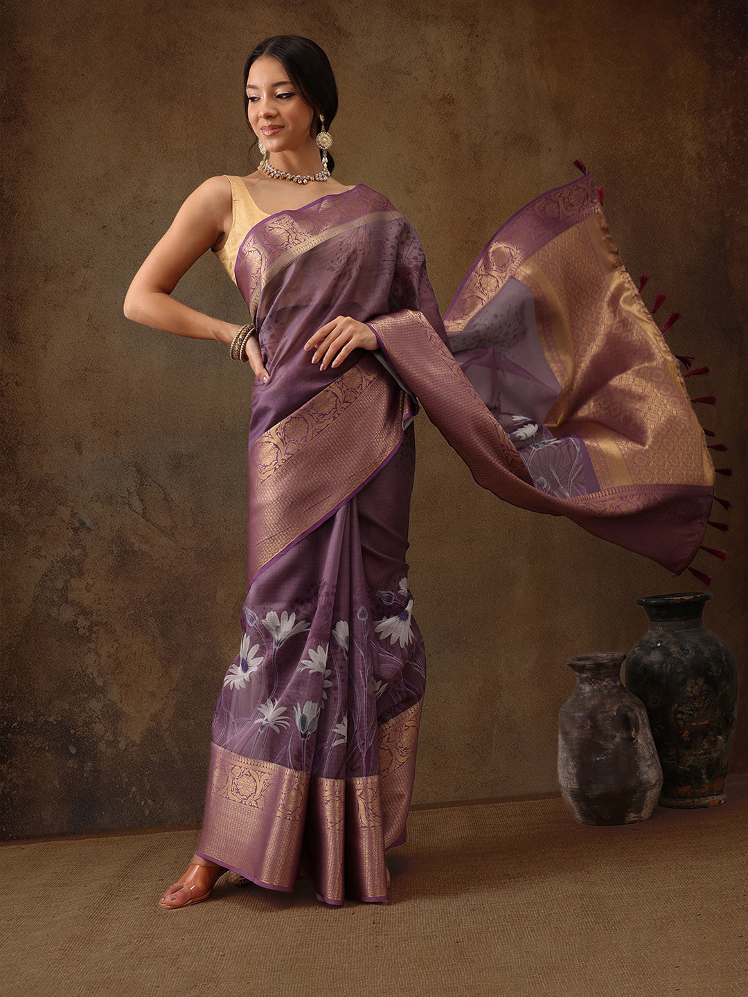 Muga Silk Floral Printed Zari Woven Saree