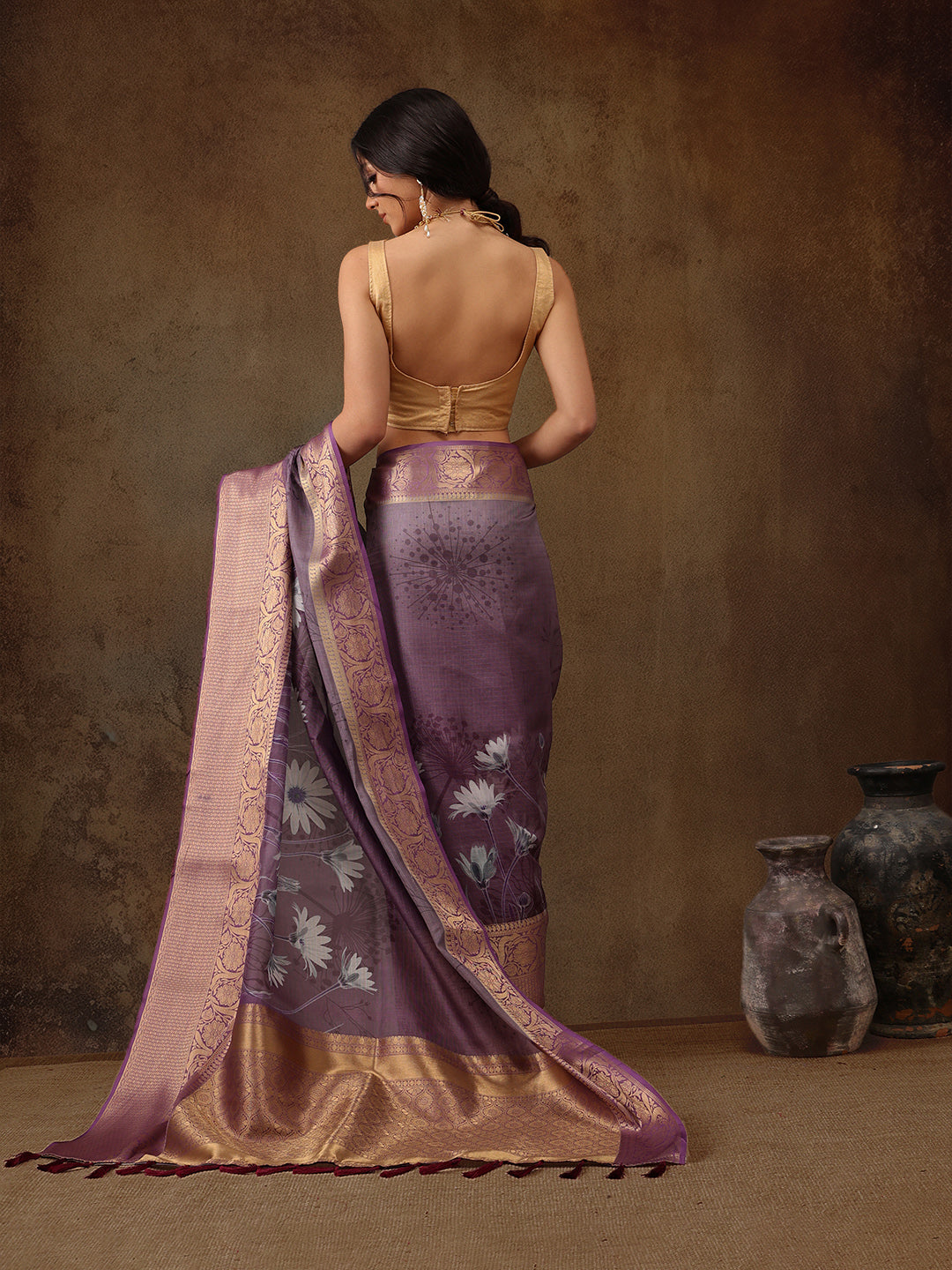 Muga Silk Floral Printed Zari Woven Saree