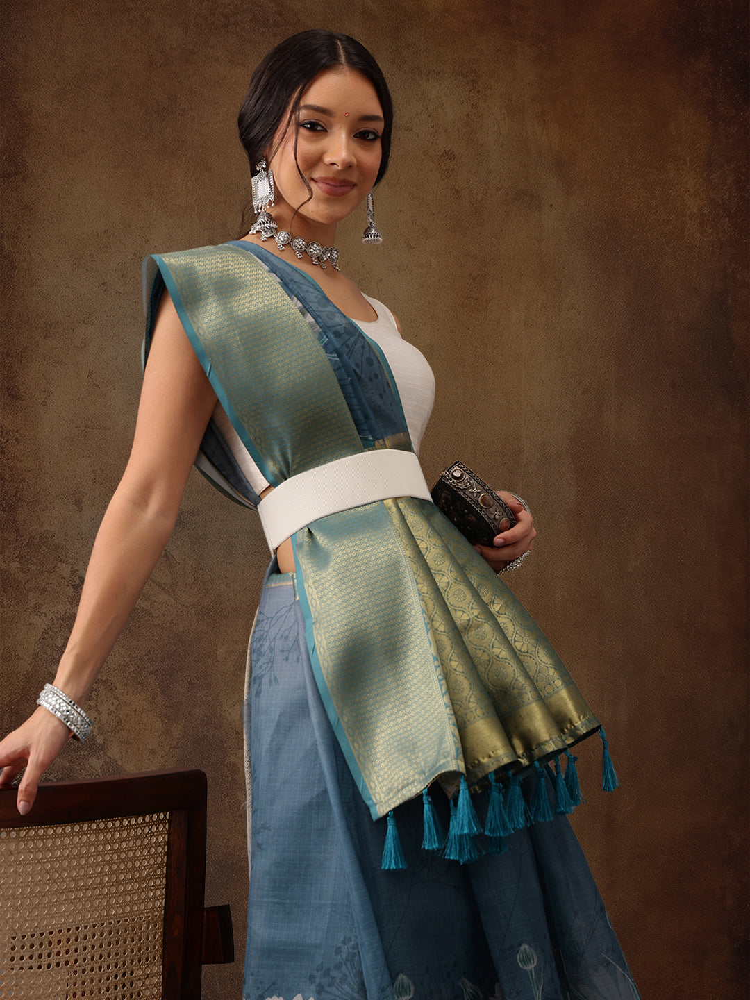 Muga Silk Floral Printed Zari Woven Saree