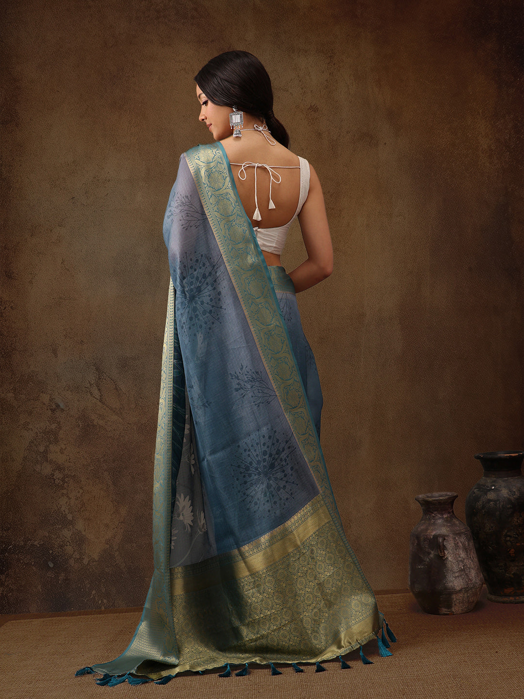 Muga Silk Floral Printed Zari Woven Saree