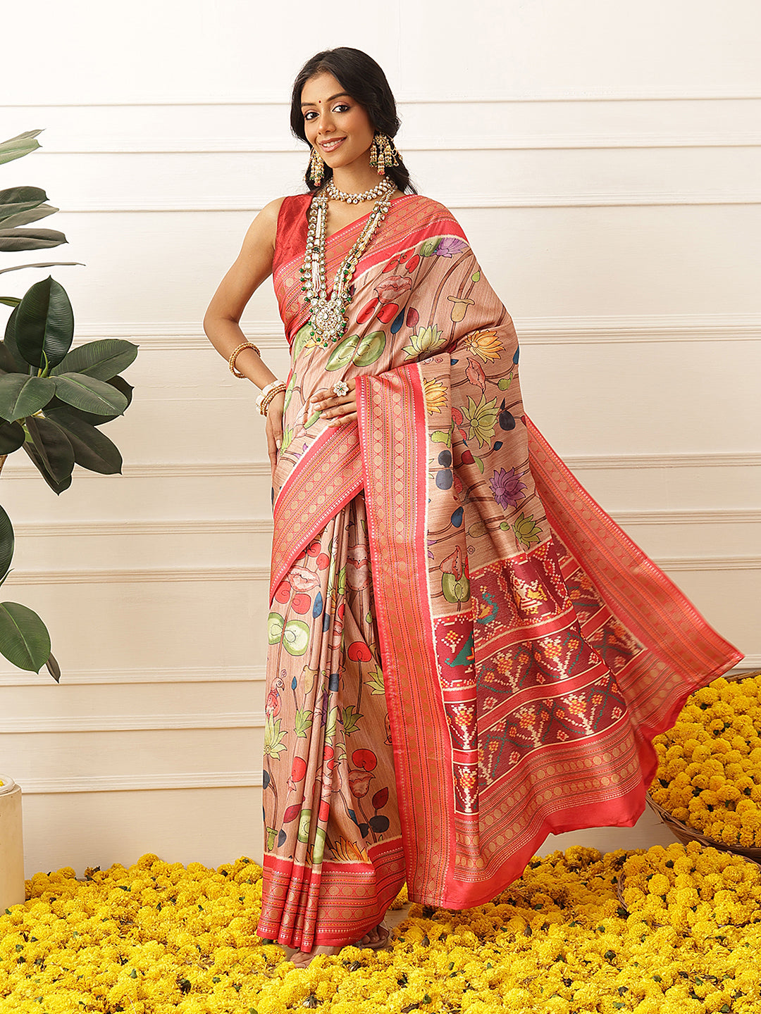 Women's Soft Tusser Silk Digital Printed Kalamkari Saree With Viscous Jacquard Border
