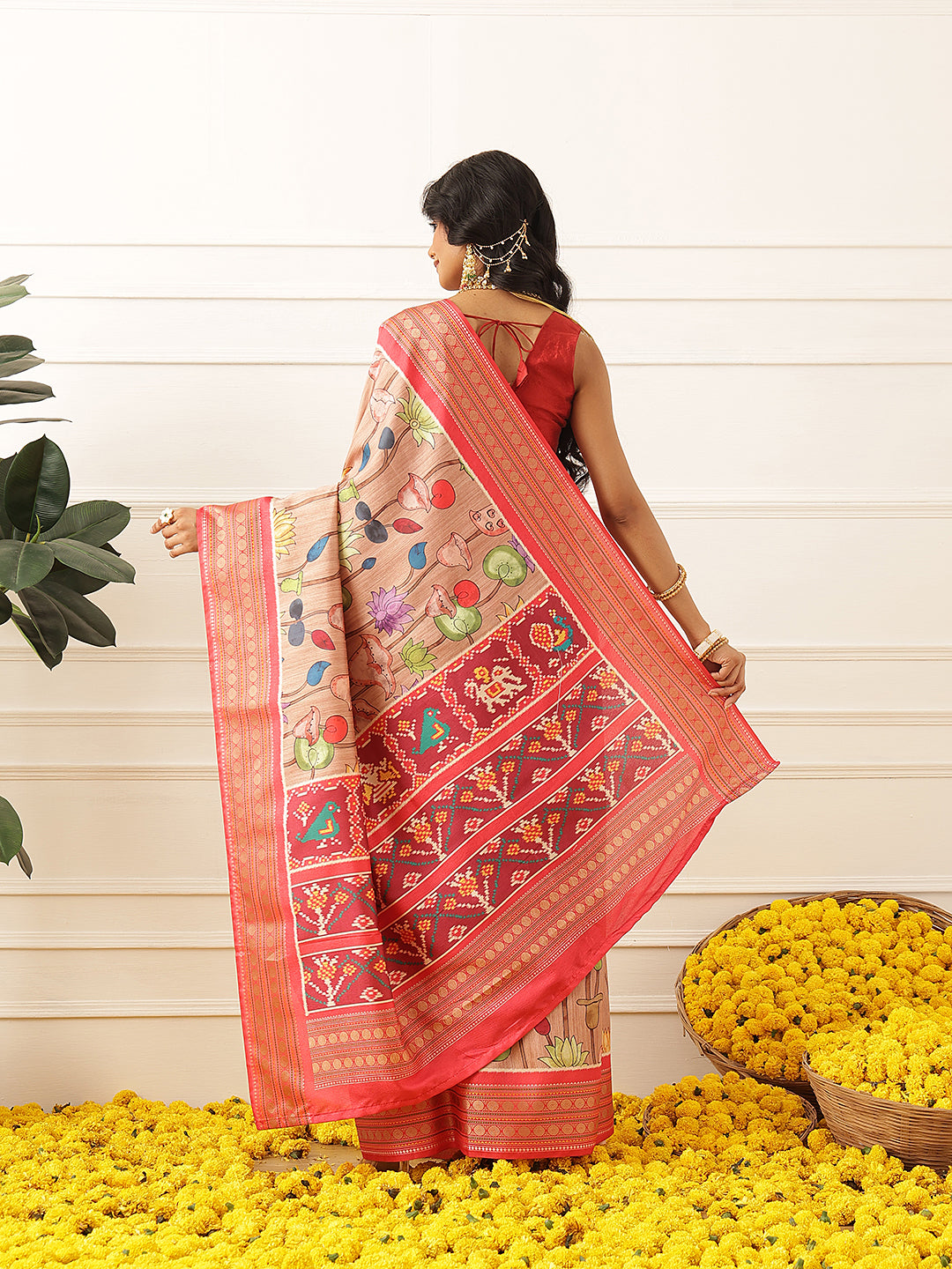 Women's Soft Tusser Silk Digital Printed Kalamkari Saree With Viscous Jacquard Border