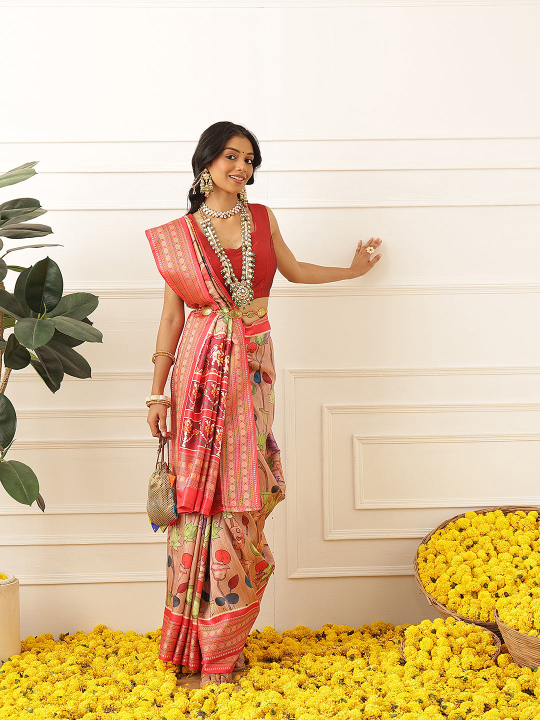 Women's Soft Tusser Silk Digital Printed Kalamkari Saree With Viscous Jacquard Border