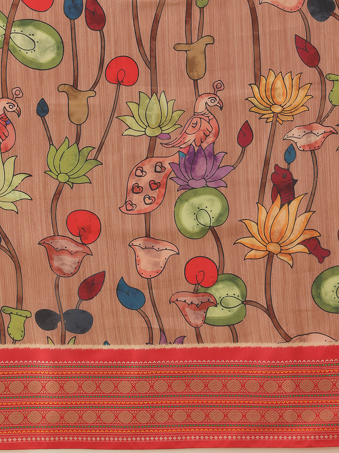 Women's Soft Tusser Silk Digital Printed Kalamkari Saree With Viscous Jacquard Border