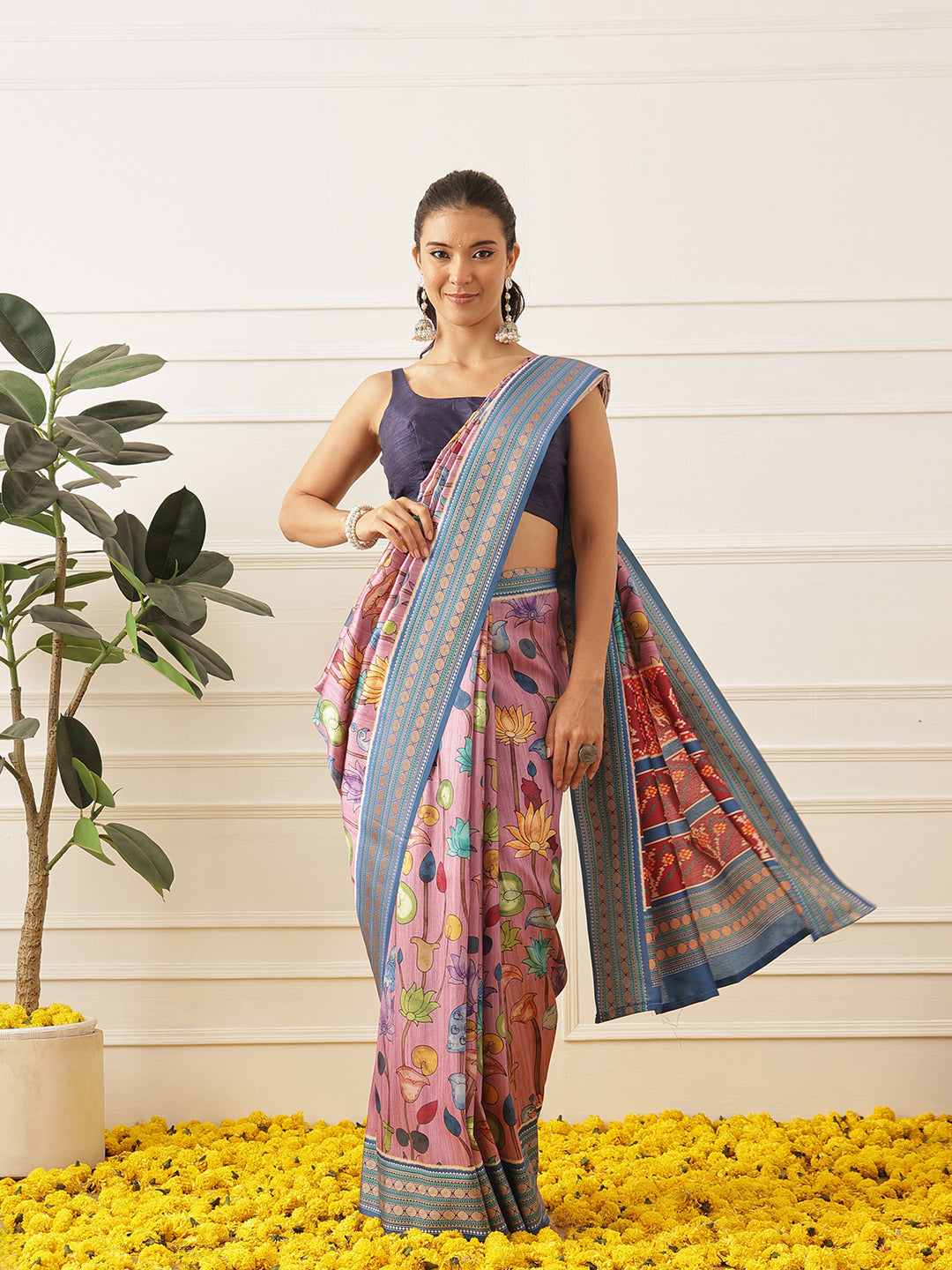 Women's Soft Tusser Silk Digital Printed Kalamkari Saree With Viscous Jacquard Border