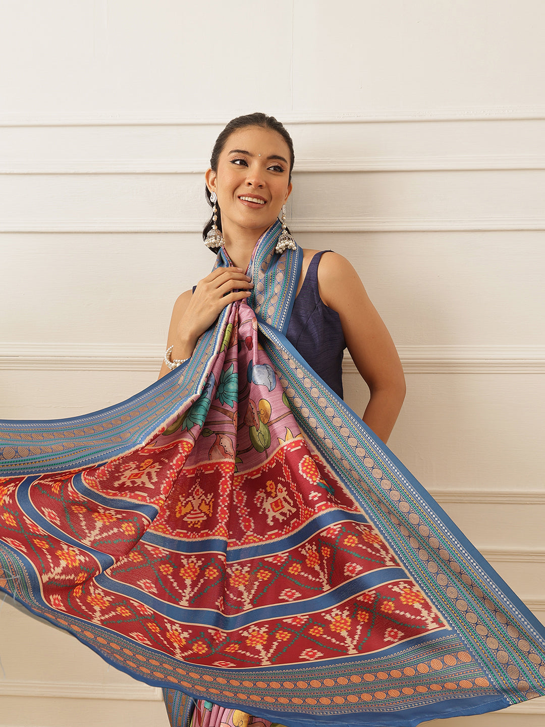 Women's Soft Tusser Silk Digital Printed Kalamkari Saree With Viscous Jacquard Border