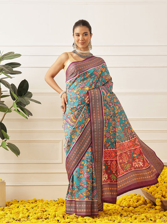 Women's Soft Tusser Silk Digital Printed Kalamkari Saree With Viscous Jacquard Border