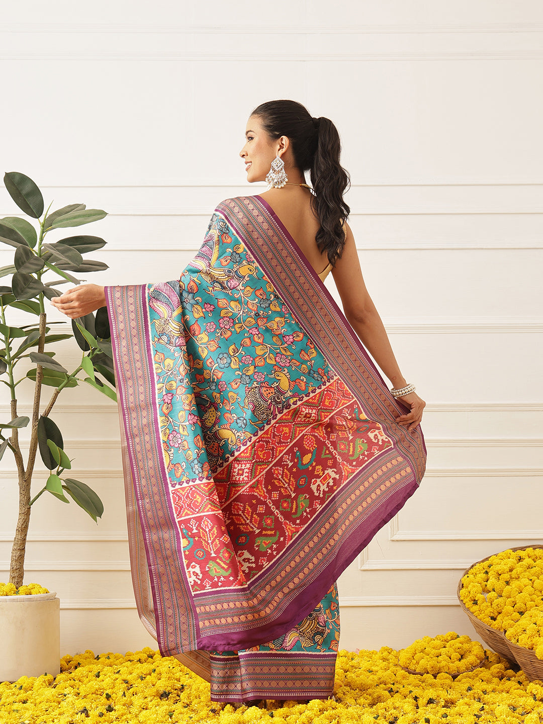 Women's Soft Tusser Silk Digital Printed Kalamkari Saree With Viscous Jacquard Border