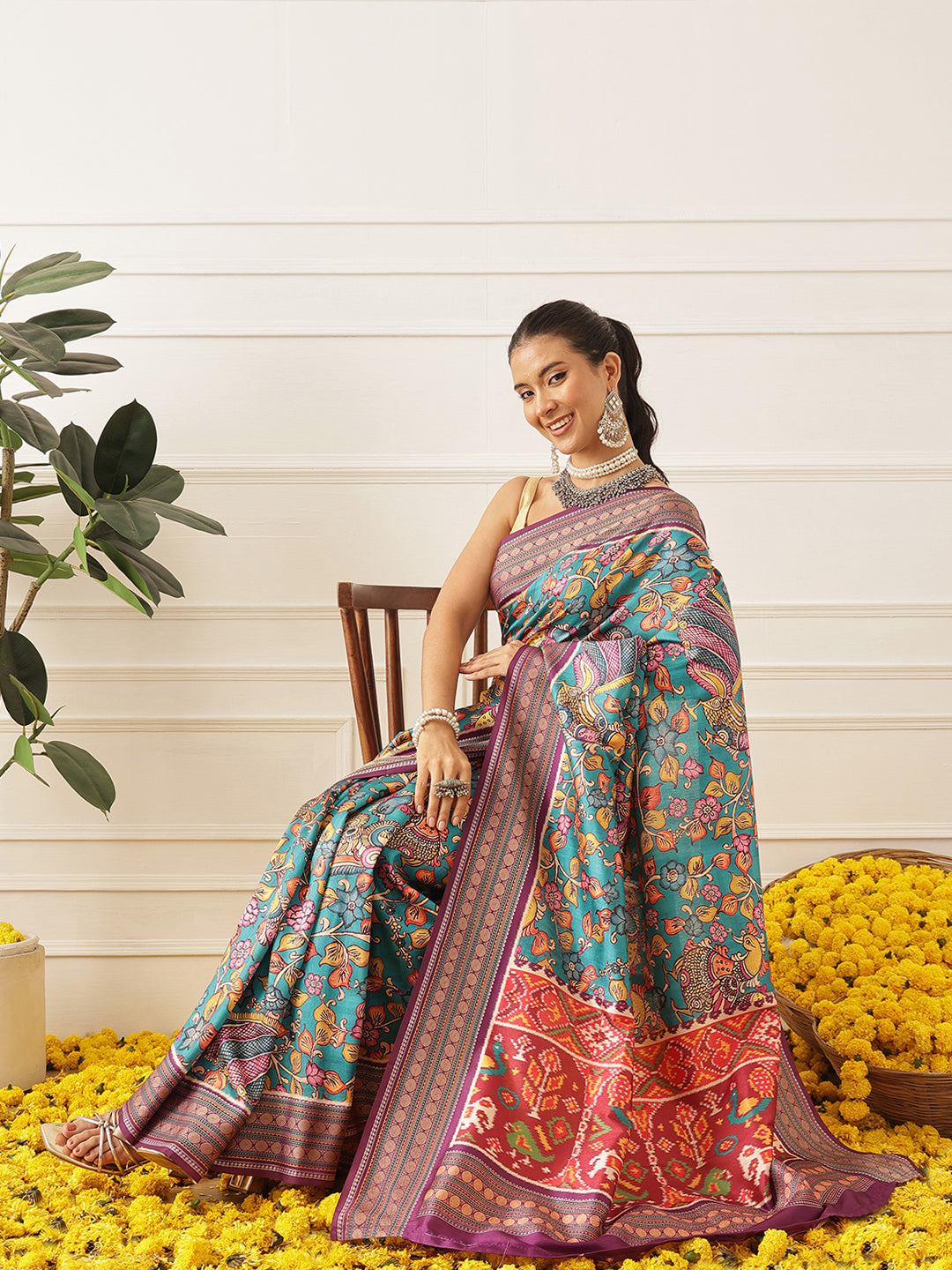 Women's Soft Tusser Silk Digital Printed Kalamkari Saree With Viscous Jacquard Border