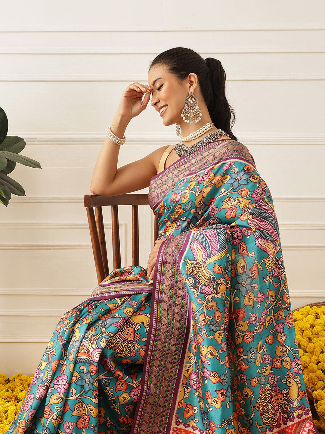 Women's Soft Tusser Silk Digital Printed Kalamkari Saree With Viscous Jacquard Border