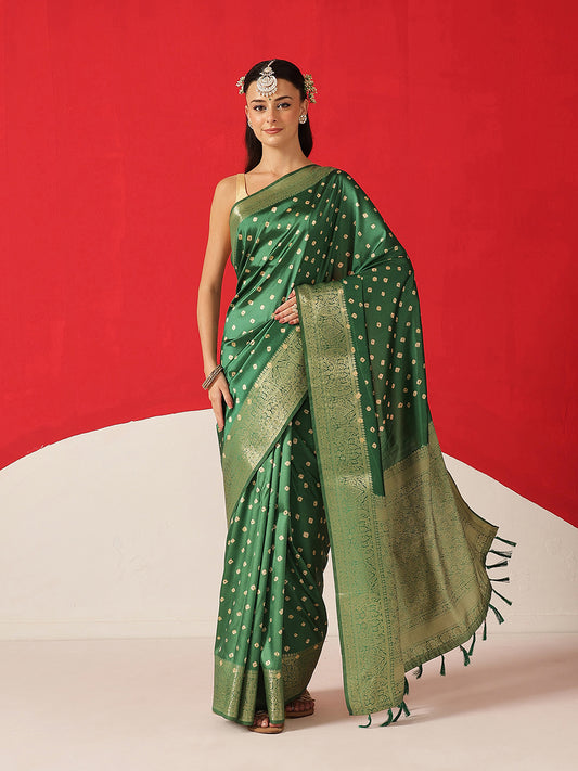 Soft Silk Bandhani Printed Saree With Zari Border & Tassels