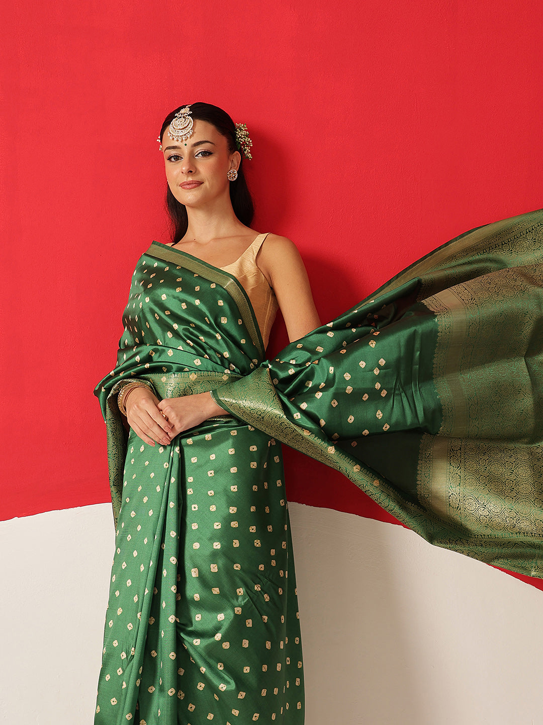 Soft Silk Bandhani Printed Saree With Zari Border & Tassels