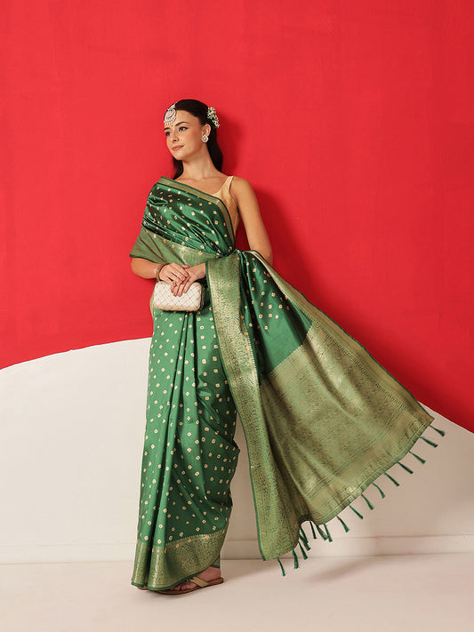 Soft Silk Bandhani Printed Saree With Zari Border & Tassels