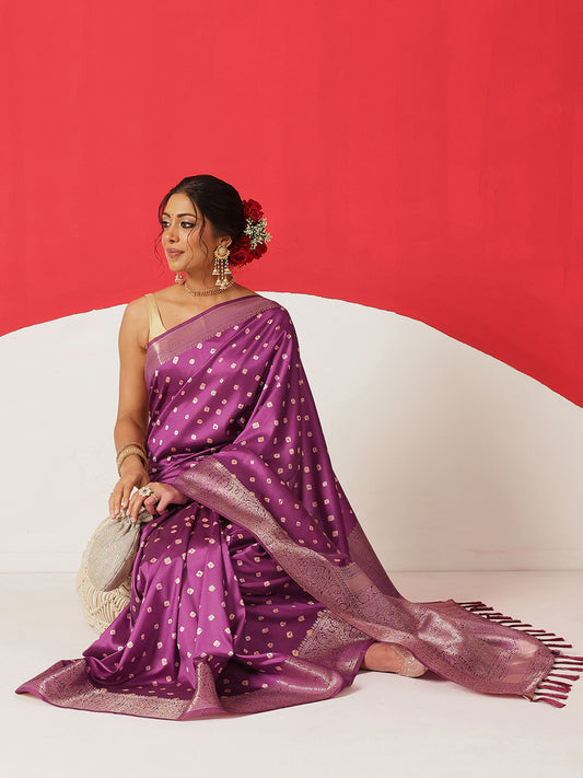 Soft Silk Bandhani Printed Saree With Zari Border & Tassels