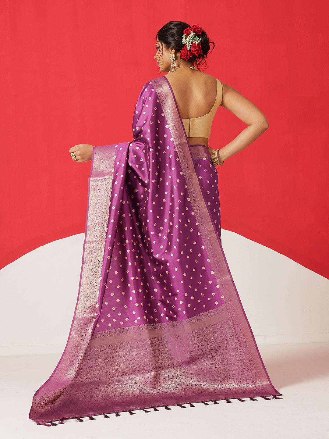 Soft Silk Bandhani Printed Saree With Zari Border & Tassels