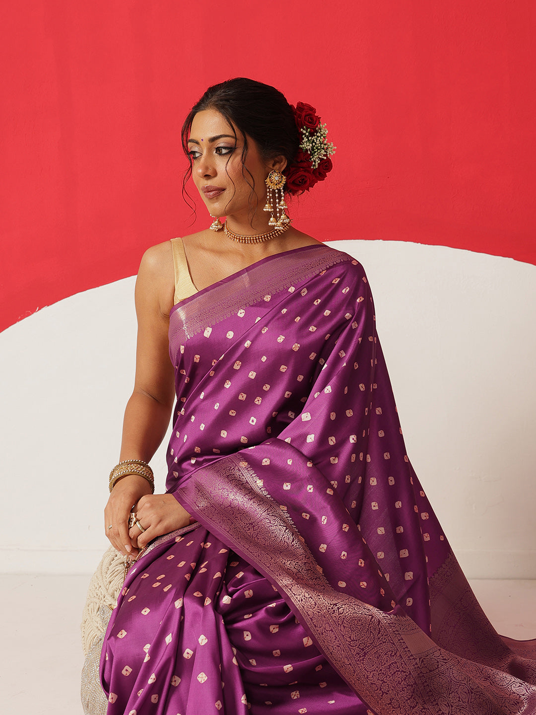 Soft Silk Bandhani Printed Saree With Zari Border & Tassels