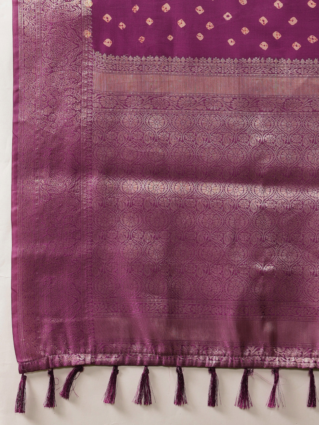 Soft Silk Bandhani Printed Saree With Zari Border & Tassels