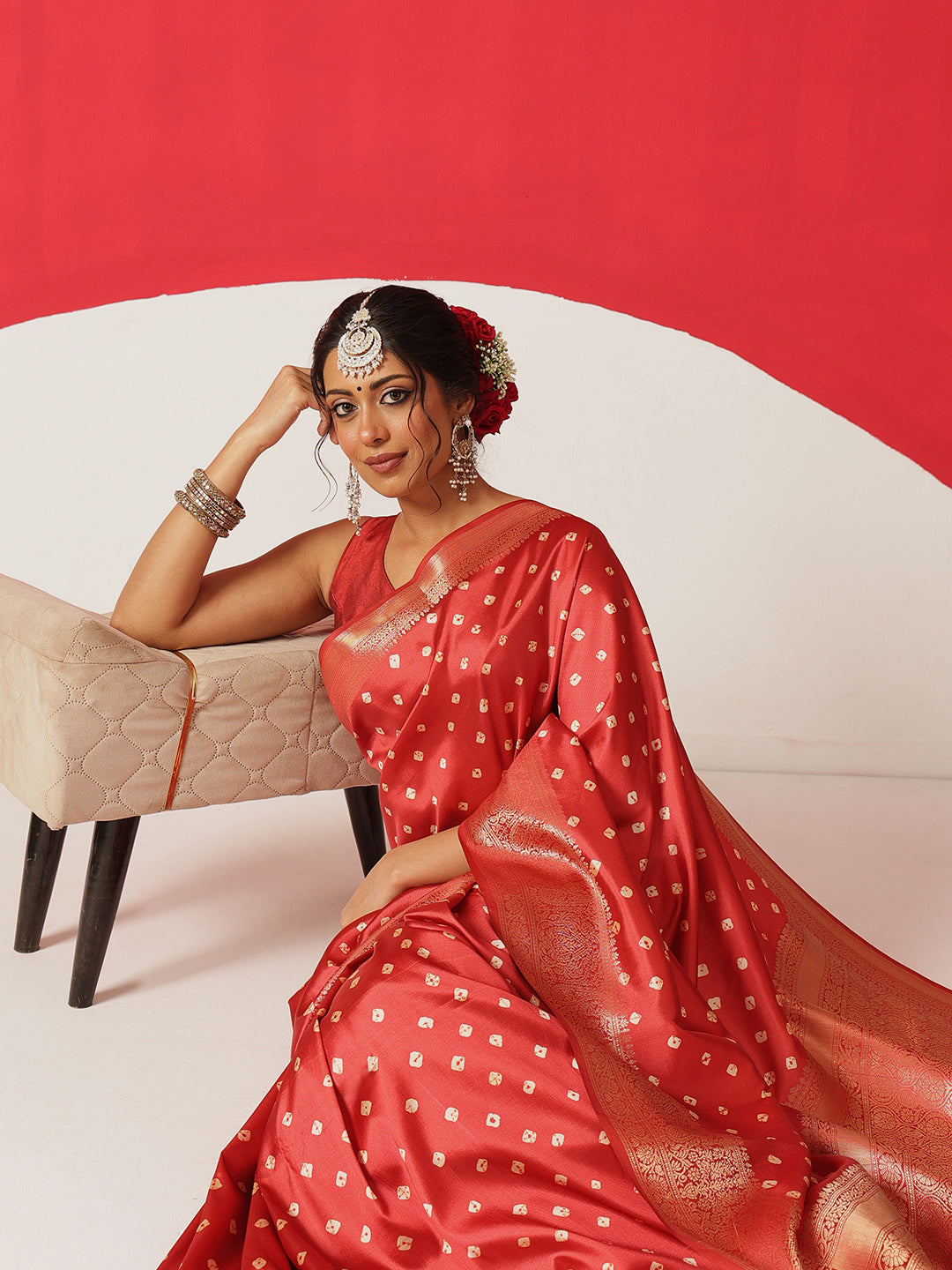 Soft Silk Bandhani Printed Saree With Zari Border & Tassels