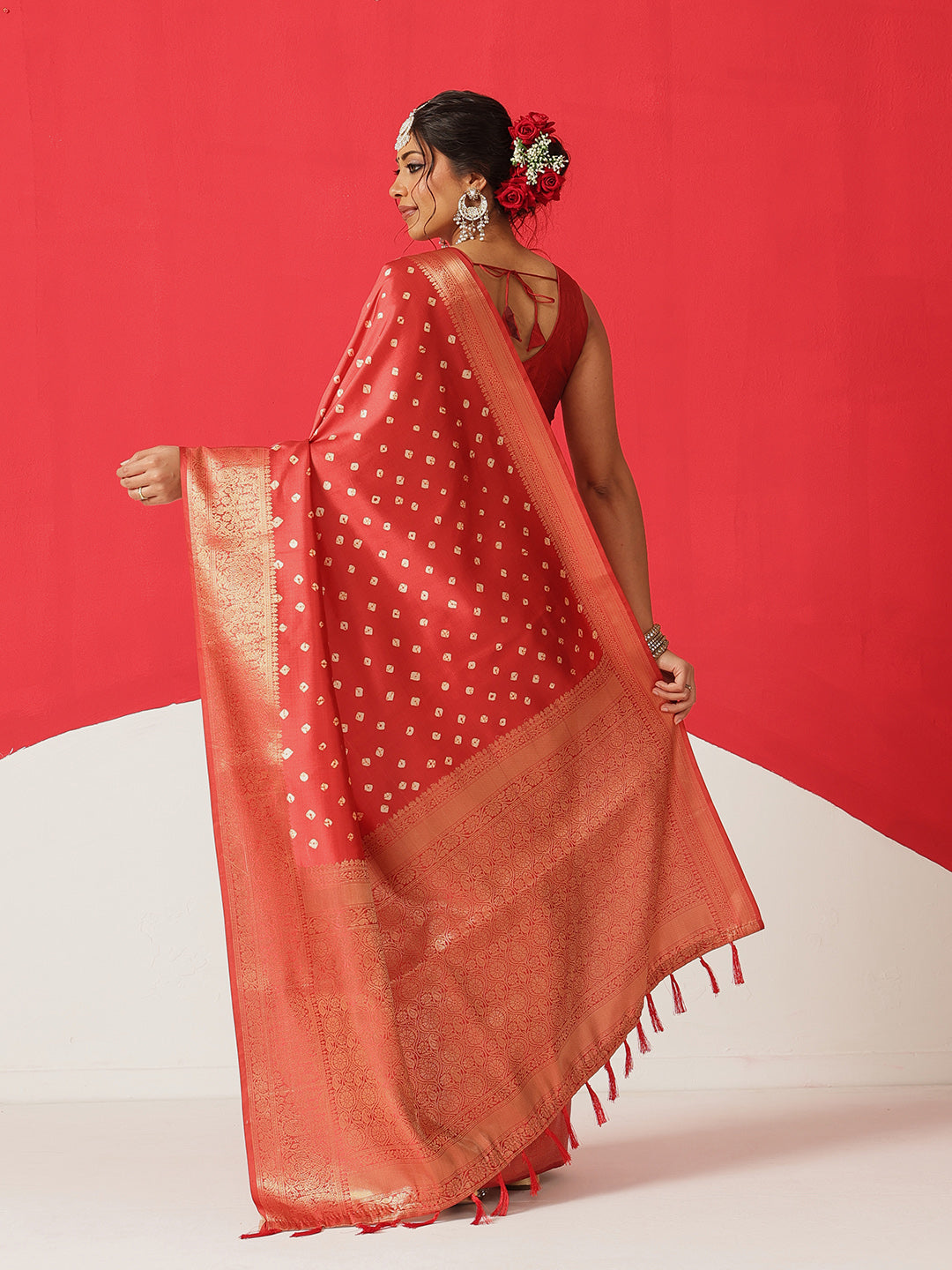 Soft Silk Bandhani Printed Saree With Zari Border & Tassels
