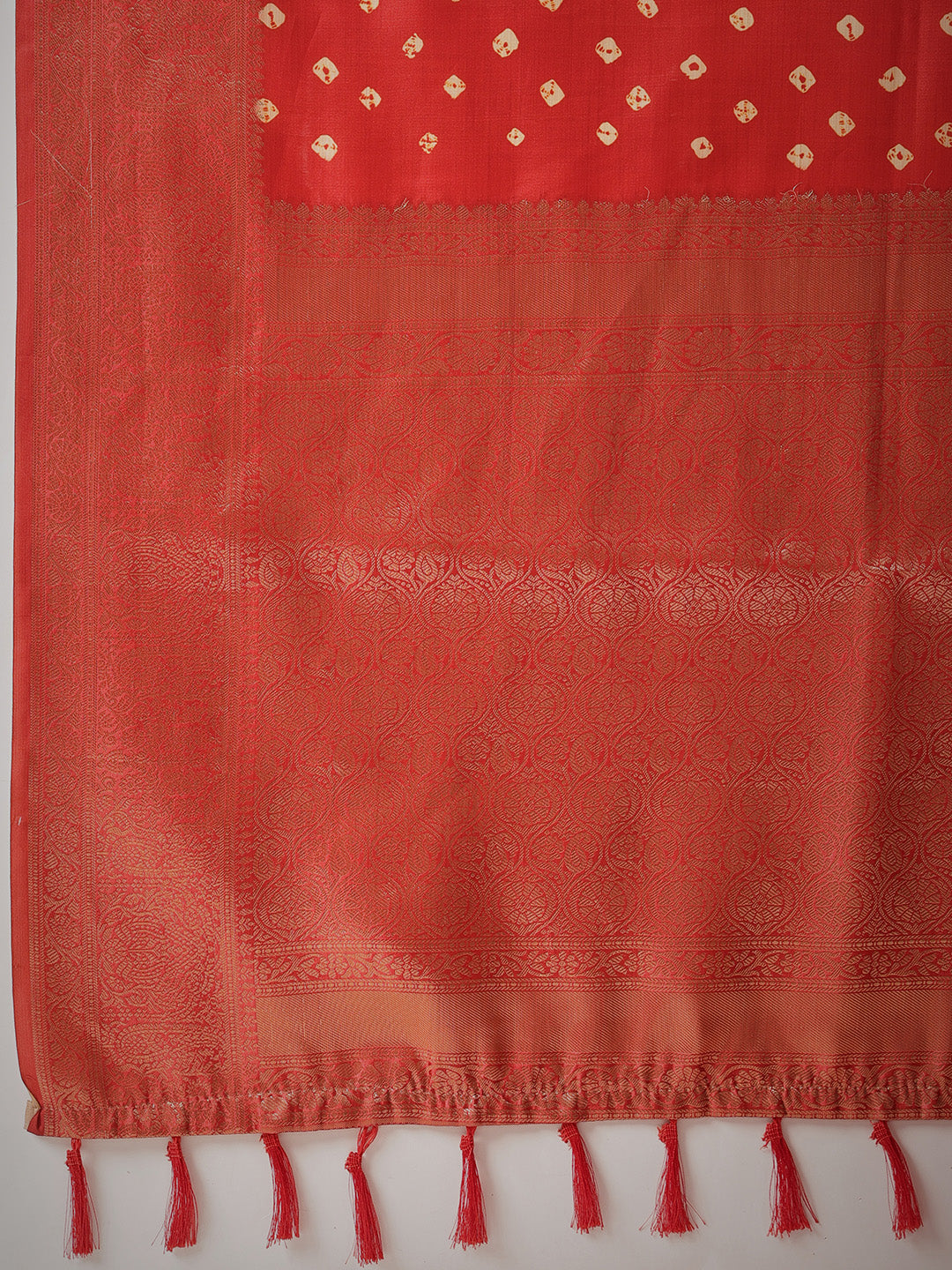 Soft Silk Bandhani Printed Saree With Zari Border & Tassels