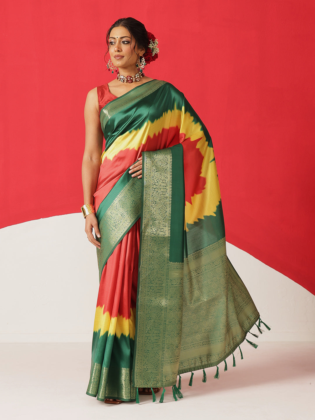 Digital Printed Soft Silk Saree With Zari Border & Tassels