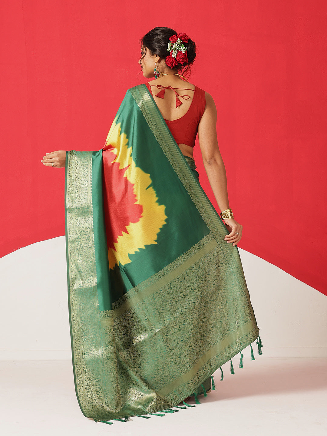 Digital Printed Soft Silk Saree With Zari Border & Tassels