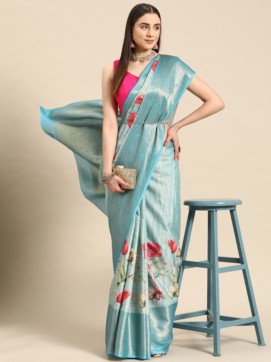 Tissue Silk Zari Woven Digital Printed Saree