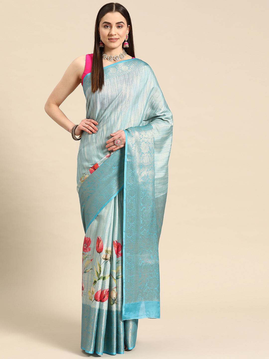 Tissue Silk Zari Woven Digital Printed Saree