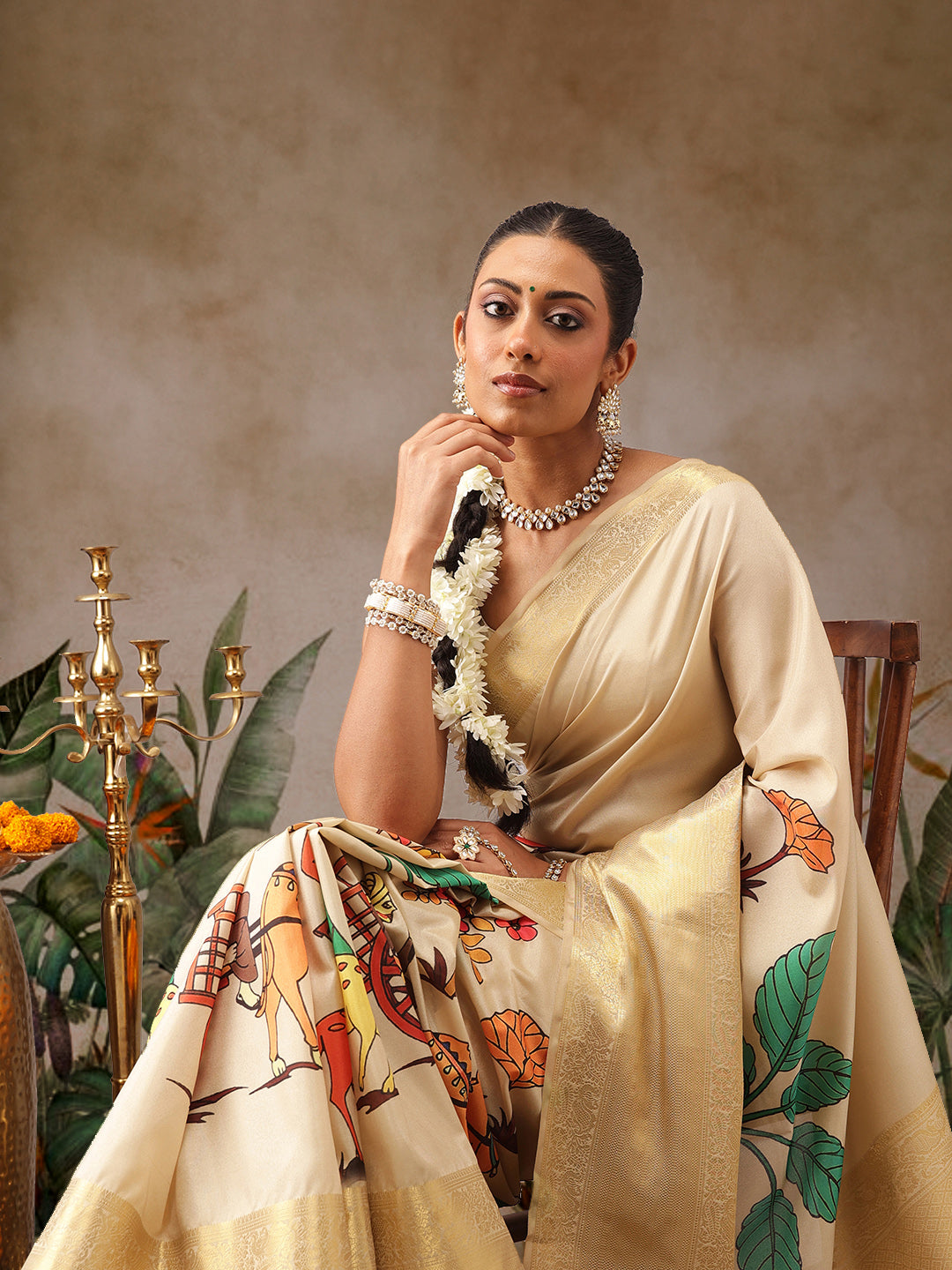Tussar Silk Pichwai Printed Saree Woven Pallu With Brocade Blouse