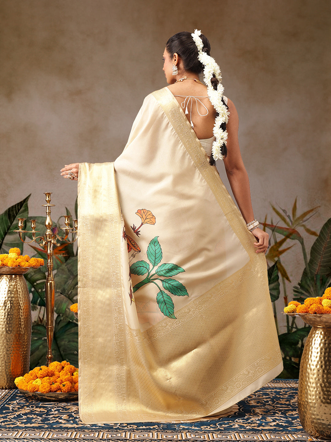 Tussar Silk Pichwai Printed Saree Woven Pallu With Brocade Blouse