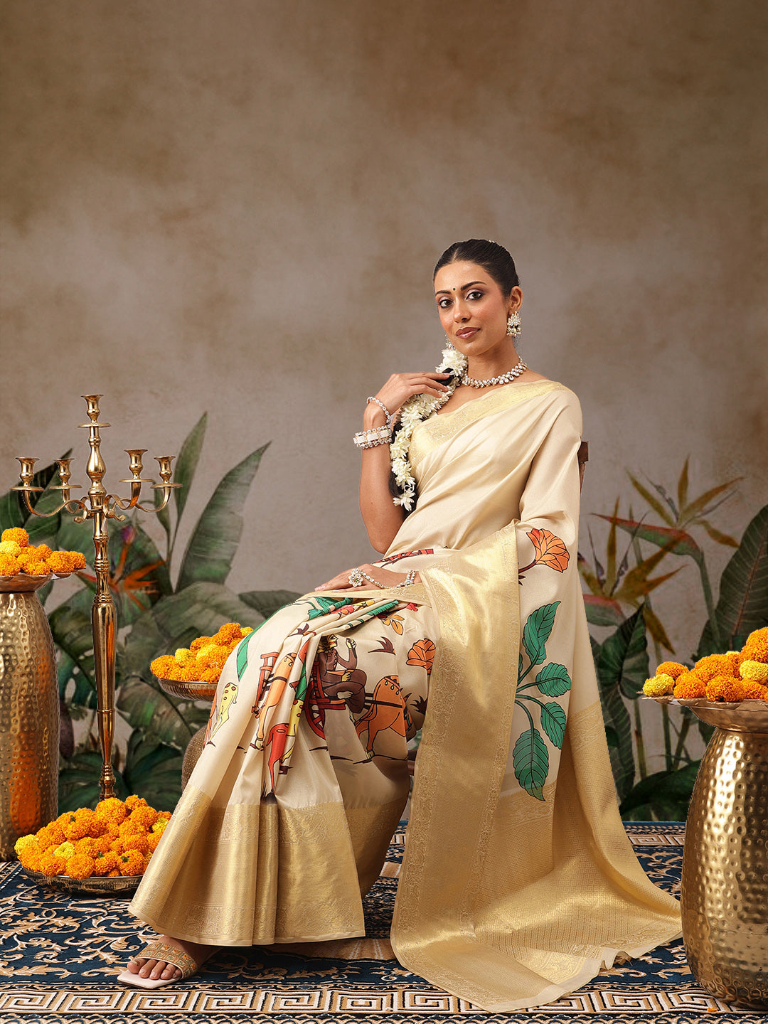 Tussar Silk Pichwai Printed Saree Woven Pallu With Brocade Blouse
