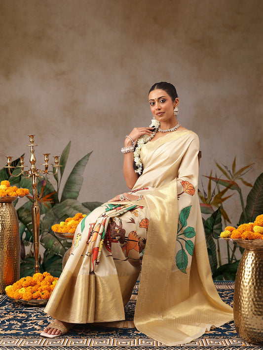 Tussar Silk Pichwai Printed Saree Woven Pallu With Brocade Blouse