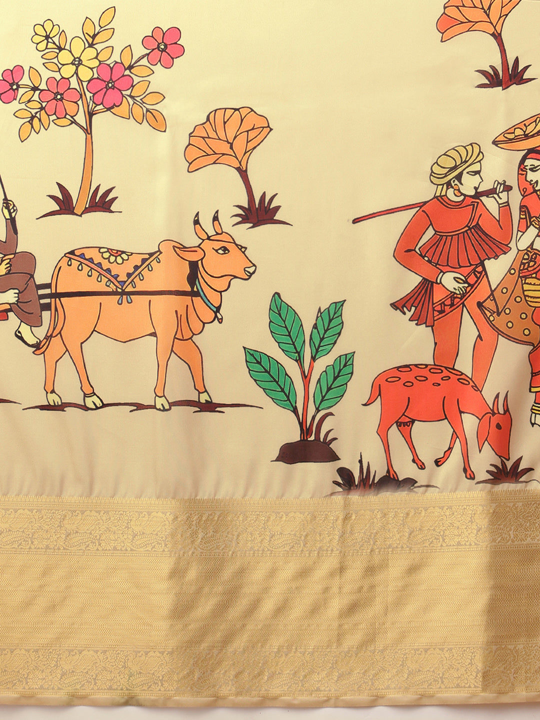 Tussar Silk Pichwai Printed Saree Woven Pallu With Brocade Blouse