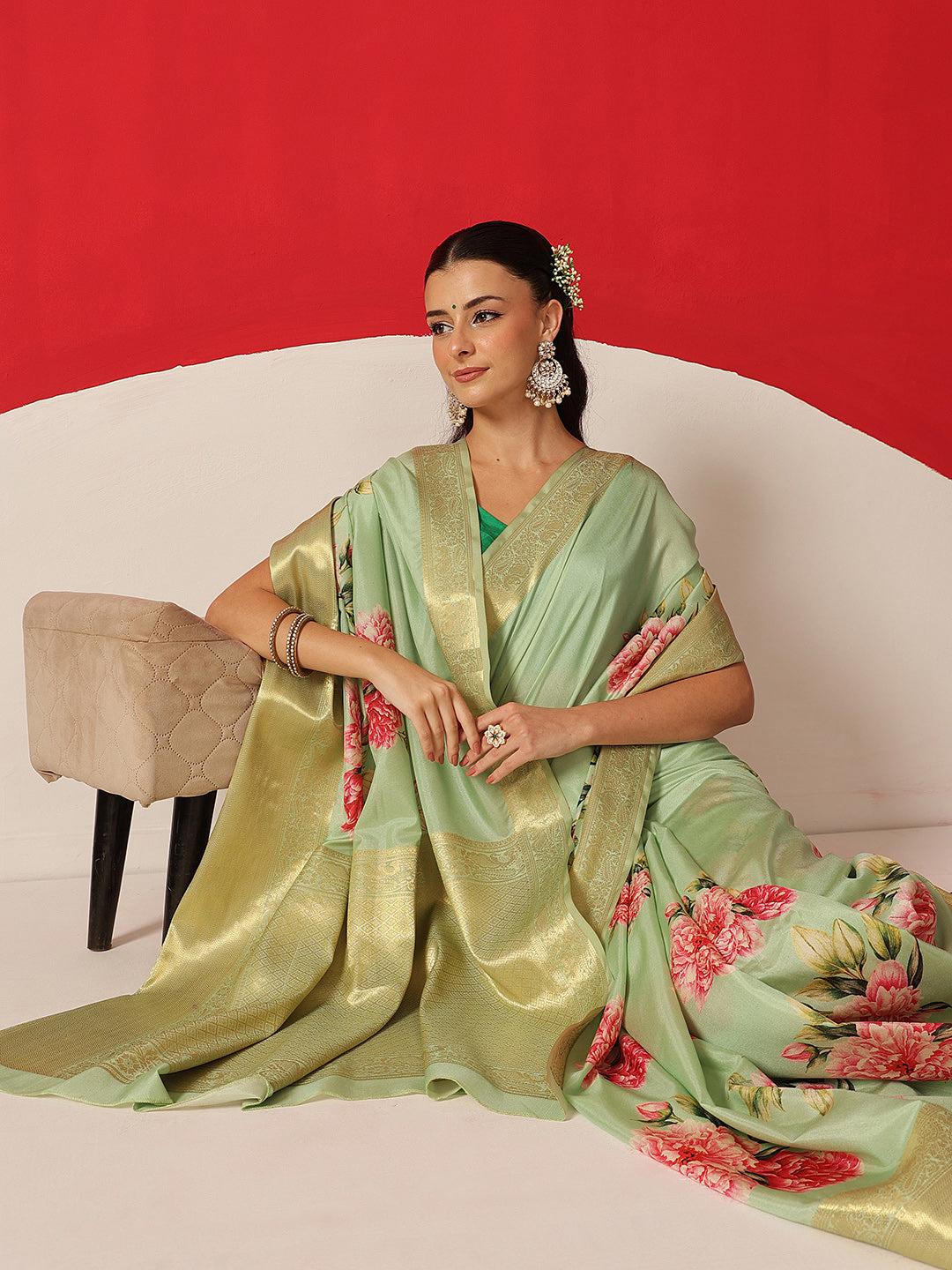 Tussar Silk Pichwai Printed Saree Woven Pallu With Brocade Blouse