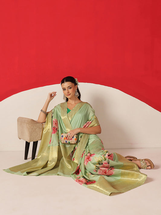Tussar Silk Pichwai Printed Saree Woven Pallu With Brocade Blouse
