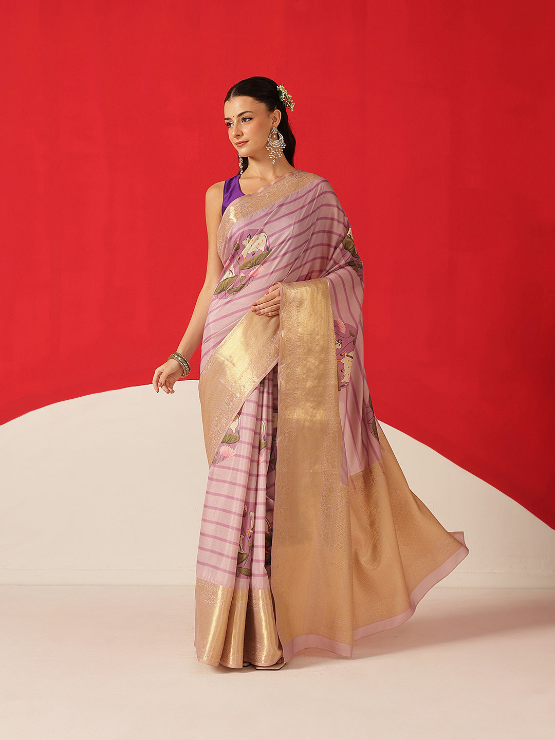 Tussar Silk Pichwai Printed Saree Woven Pallu With Brocade Blouse