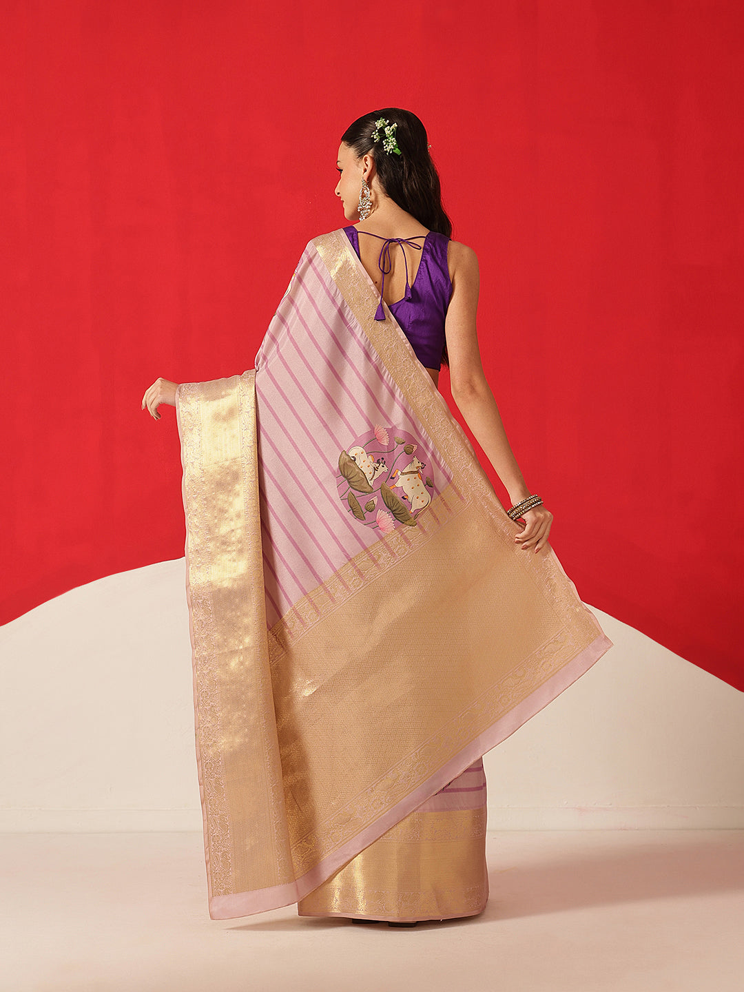Tussar Silk Pichwai Printed Saree Woven Pallu With Brocade Blouse