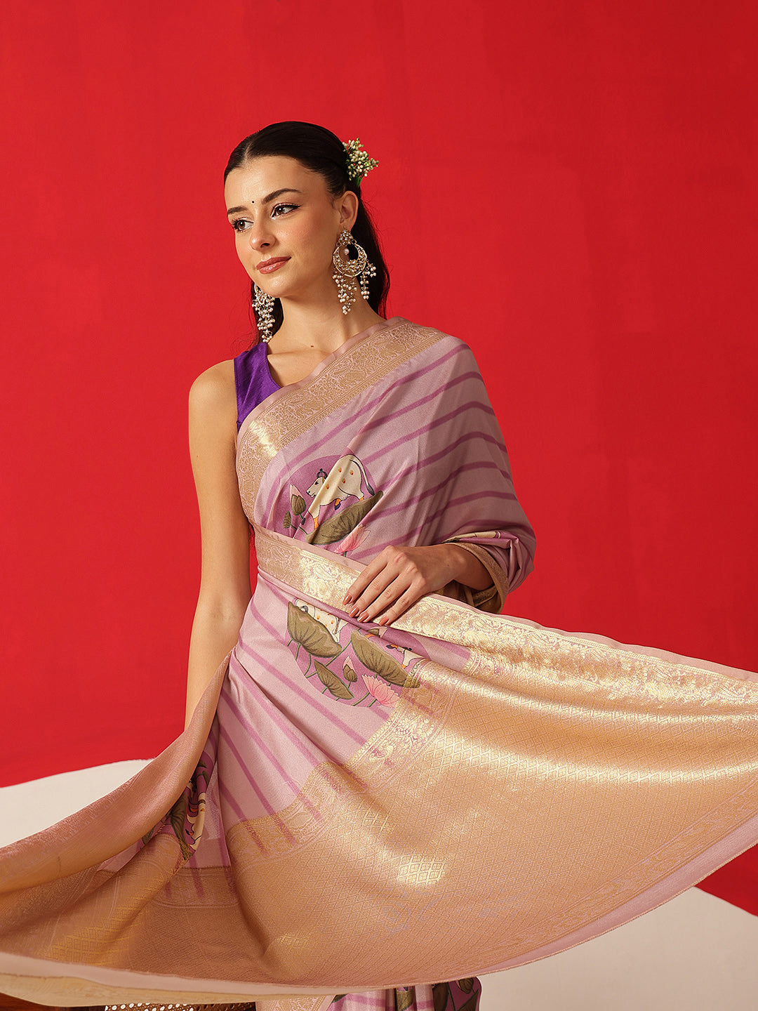 Tussar Silk Pichwai Printed Saree Woven Pallu With Brocade Blouse