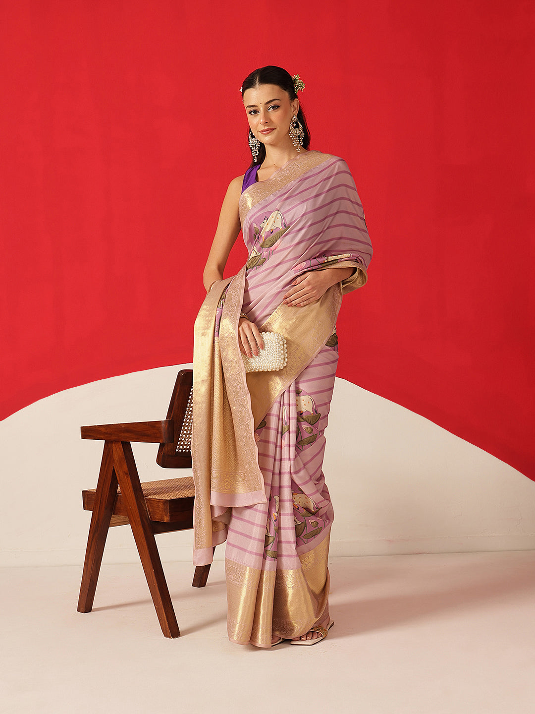 Tussar Silk Pichwai Printed Saree Woven Pallu With Brocade Blouse