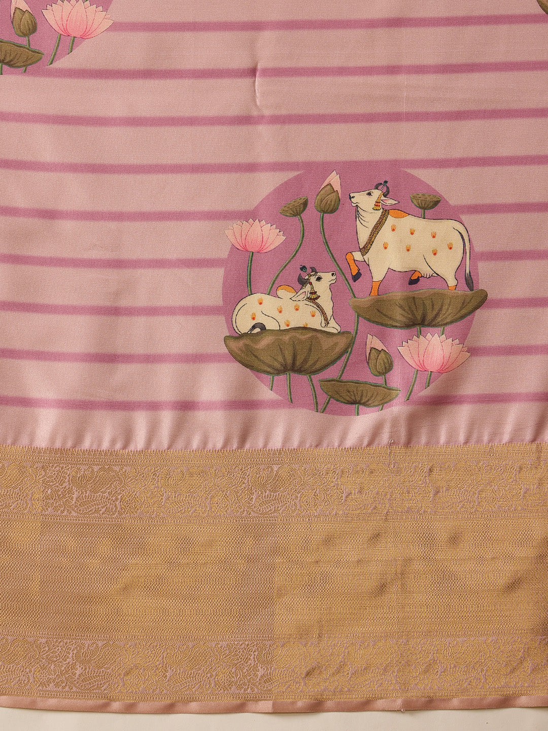 Tussar Silk Pichwai Printed Saree Woven Pallu With Brocade Blouse