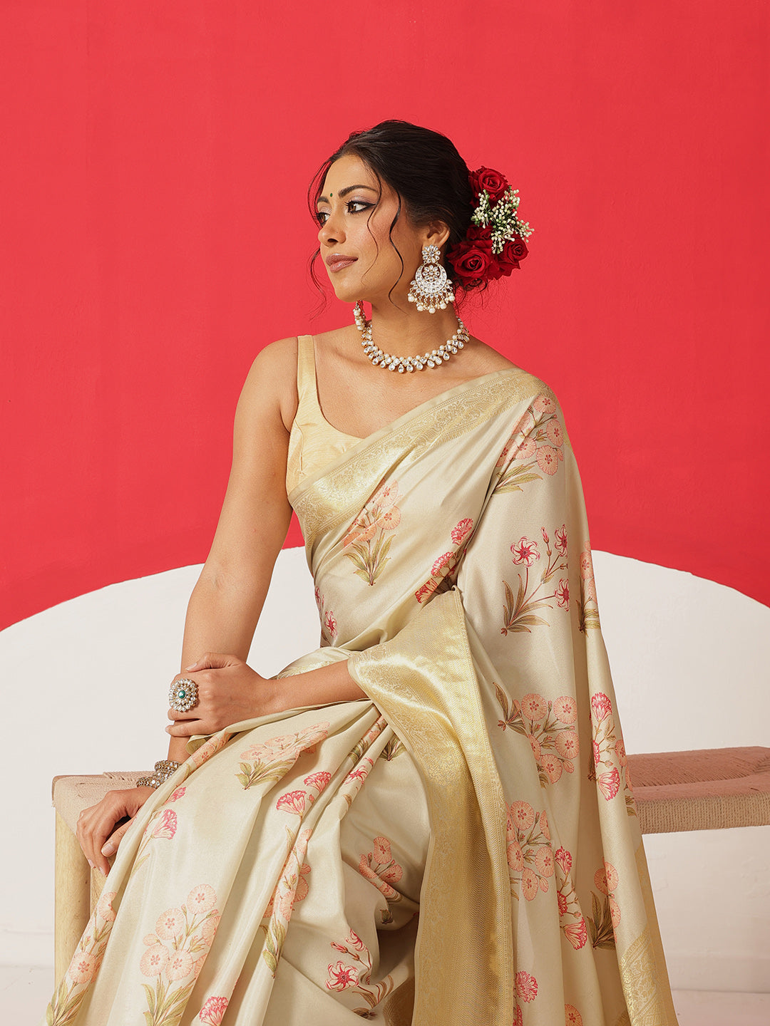 Tussar Silk Pichwai Printed Saree Woven Pallu With Brocade Blouse