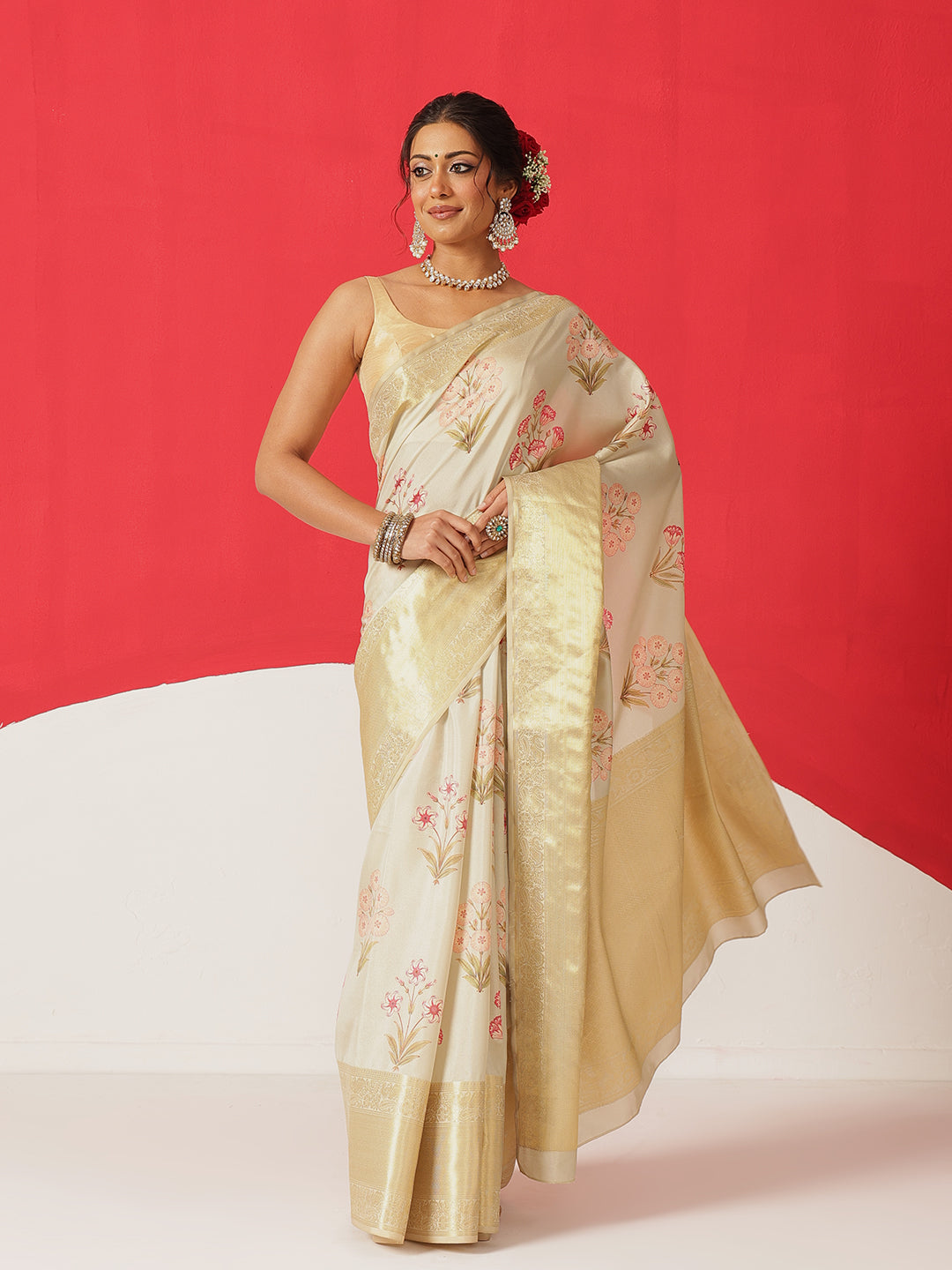 Tussar Silk Pichwai Printed Saree Woven Pallu With Brocade Blouse