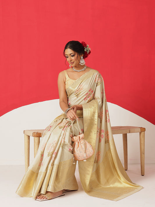 Tussar Silk Pichwai Printed Saree Woven Pallu With Brocade Blouse