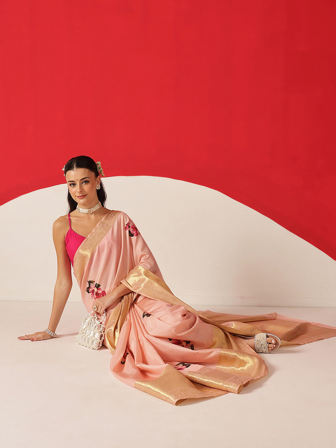 Tussar Silk Pichwai Printed Saree Woven Pallu With Brocade Blouse