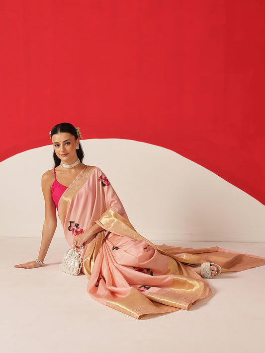 Tussar Silk Pichwai Printed Saree Woven Pallu With Brocade Blouse